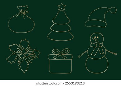 Elegant Christmas Icon Set with Golden Gradient. Vector illustration