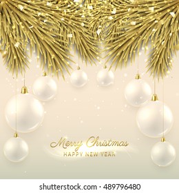 Elegant Christmas illustration with glass balls. Elegant vector background with fir-tree branches. Happy New Year banner with golden confetti and shining lights.