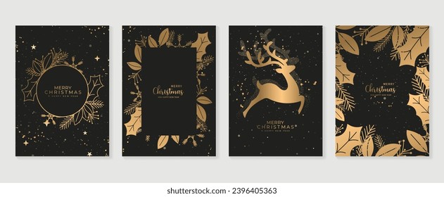 Elegante vectores de diseño Art Deco de tarjetas de invitación de navidad. Renos de navidad de lujo, holly, follaje, relucientes estrellas de arte sobre fondo oscuro. Ilustración de diseño para portada, afiche, papel pintado.