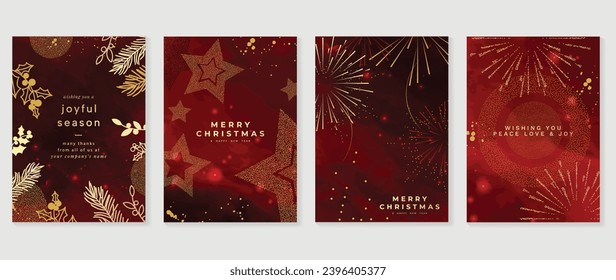 Elegant christmas invitation card art deco design vector. Luxury christmas holly berry, star, firework, foliage, watercolor texture on red background. Design illustration for cover, poster, wallpaper.