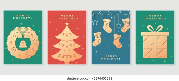 Elegant christmas invitation card art deco design vector. Luxury christmas tree, wreath, sock, gift on green, red and blue background. Design illustration for cover, poster, wallpaper.