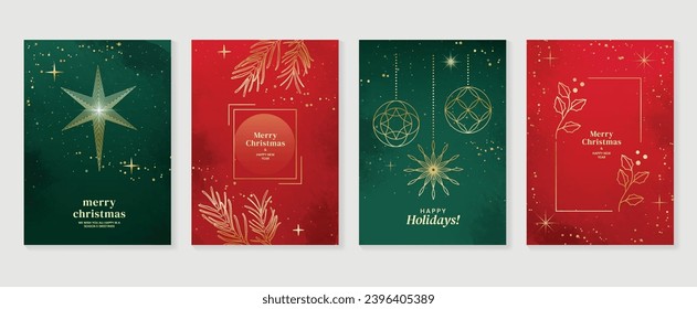 Elegant christmas invitation card art deco design vector. Luxury christmas ball, foliage, watercolor texture line art on green and red background. Design illustration for cover, poster, wallpaper.