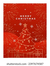 Elegant christmas invitation card art deco design vector. Luxury christmas tree, bauble ball, holly, firework line art on red and blue background. Design illustration for cover, poster, wallpaper.