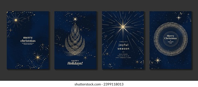 Elegant christmas invitation card art deco design vector. Luxury christmas tree, firework, glitter spot texture on blue background. Design illustration for cover, poster, wallpaper.