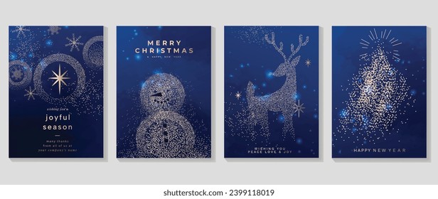 Elegante vectores de diseño Art Deco de tarjetas de invitación de navidad. Árbol de navidad de lujo, muñeco de nieve, reno, textura de punto de copo de nieve sobre fondo azul. Ilustración de diseño para portada, afiche, papel pintado.