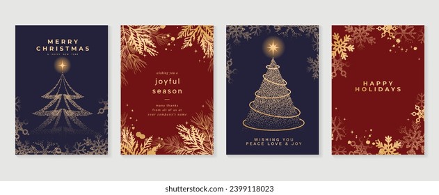 Elegante vectores de diseño Art Deco de tarjetas de invitación de navidad. Árbol de navidad de lujo, follaje, brillo, textura de punto de copo de nieve sobre fondo azul y rojo. Ilustración de diseño para portada, afiche, papel pintado.