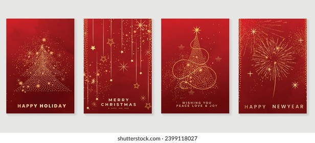 Elegant christmas invitation card art deco design vector. Luxury christmas tree, firework, star, sparkle spot texture on red background. Design illustration for cover, poster, wallpaper.