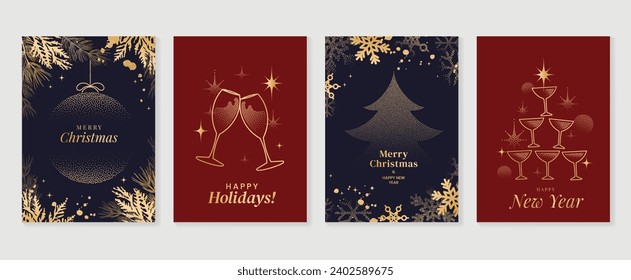 Elegant christmas invitation card art deco design vector. Luxury christmas tree, wine glass, foliage spot texture on dark blue and red background. Design illustration for cover, poster, wallpaper.