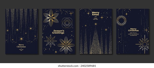 Elegante vectores de diseño Art Deco de tarjetas de invitación de navidad. Árbol de navidad de lujo, línea de trineo y textura spot sobre fondo azul. Ilustración de diseño para portada, afiche, papel pintado.