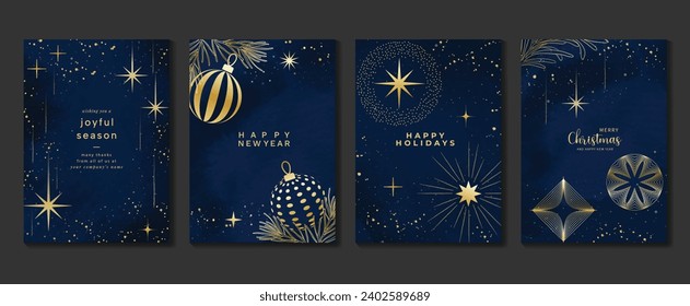 Elegant christmas invitation card art deco design vector. Luxury christmas ball, foliage, twinkling line and spot texture on dark blue background. Design illustration for cover, poster, wallpaper.