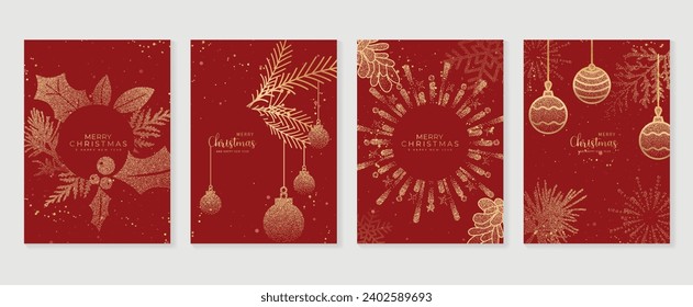 Elegante vectores de diseño Art Deco de tarjetas de invitación de navidad. Bola de bauble de navidad de lujo, copo de nieve, fuegos artificiales, textura foliage spot sobre fondo rojo. Ilustración de diseño para portada, afiche, papel pintado.