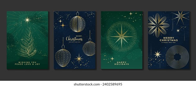 Elegant christmas invitation card art deco design vector. Luxury christmas ball, tree, twinkling line and spot texture on blue and green background. Design illustration for cover, poster, wallpaper.