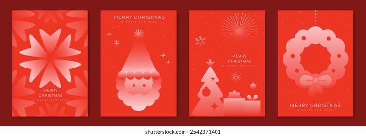 Elegante tarjeta de invitación de Navidad Vector de diseño art deco. Árbol de Navidad, copo de nieve, santa, corona, fuegos artificiales, regalo sobre fondo rojo. Ilustración de diseño para el cartel de felicitación de la temporada, cubierta.