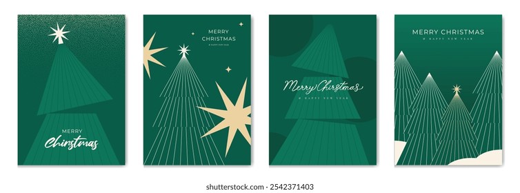 Elegant christmas invitation card art deco design vector. Christmas tree line art, star, spot texture on green background. Design illustration for season's greeting poster, cover.