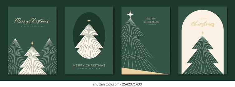 Elegante tarjeta de invitación de Navidad Vector de diseño art deco. Árbol de navidad línea de arte, estrella sobre fondo verde y blanco. Ilustración de diseño para el cartel de felicitación de la temporada, cubierta.