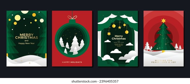 Elegant christmas invitation card design vector. Luxury christmas tree, bauble ball, cloud, twinkling star on green and red background. Design illustration for cover, print, poster, wallpaper.