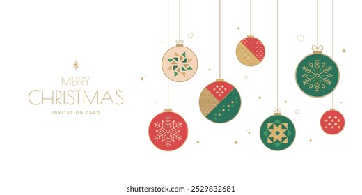 Elegante design de cartão de convite de Natal com ornamentos suspensos minimalistas em verde, vermelho e ouro com padrões geométricos e flocos de neve