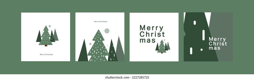 Elegant Christmas invitation with simple elements, green pine trees, some snow and sans serif Merry Christmas on white