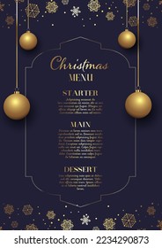 Elegant Christmas menu background with hanging baubles and snowflakes design
