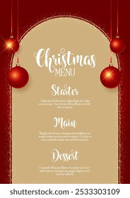 Elegant Christmas menu background with sparkles and hanging baubles design