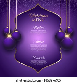 Elegant Christmas menu design with glitter and hanging baubles