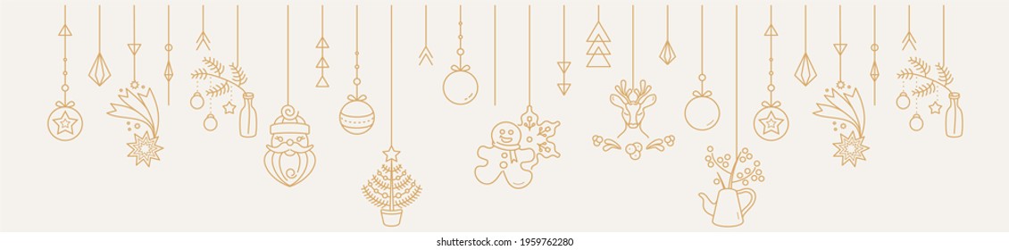 Elegant Christmas and New Year background with Santa, deer,balls, stars, gingerbread, snowflakes and  geometric elements