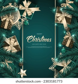 Elegant Christmas and New Year background with realistic gift box and clock.