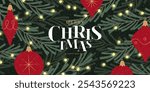 Elegant Christmas and New Year banner. Beautiful vector illustration with Christmas balls, garlands, fir tree branches and typography design. New Year background for card, ads, cover, social media.