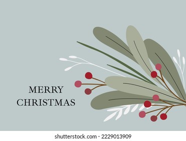 Elegant Christmas New Year card banner with botanical decoration bouquet from winterberries leaves branches twigs on light blue. Retro style holiday stationery gift card template with copy space