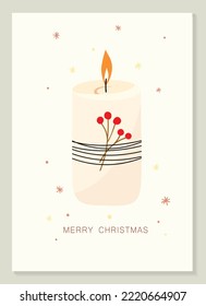 Elegant Christmas New Year greeting card with lit candle winterberries  stars and snowflakes. Vintage Scandinavian style illustration
