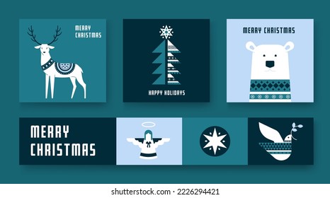 Elegant Christmas and New Year greeting cards and banners. Simple Trendy style. Cover, invitation or poster design. Vector illustration.