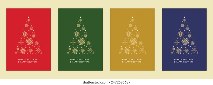 Elegant Christmas and New Year Greeting Cards Collection Featuring Snowflake Trees in Red, Green, Gold, and Blue - Vector Design for Holiday Celebrations