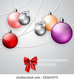 Elegant Christmas ornament background with red, pink, orange, purple and silver balls;  decorative winter holiday backdrop; vector illustration with place for text