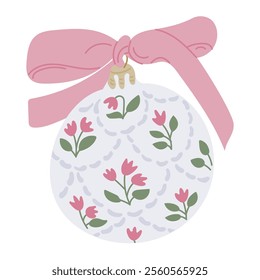 Elegant Christmas ornament with floral patterns and pink bow, with delicate tulip motifs for vintage and festive holiday theme. Vector drawing isolated on white background