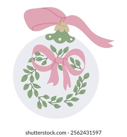 Elegant Christmas ornament with pink ribbon bow and green leaf wreath design isolated on white background. Vector hand drawn drawing isolated on white background