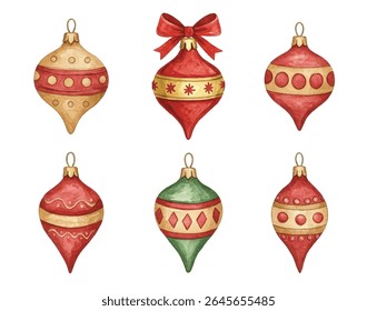 Elegant Christmas ornaments in red, gold, and green tones-perfect for festive designs, greeting cards, and winter decor. A touch of classic holiday charm with artistic flair.