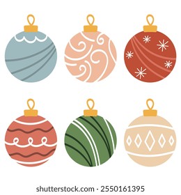 Elegant Christmas Ornaments Set for Festive Decor, A stylish vector illustration featuring a collection of six beautifully designed Christmas ornaments in pastel and warm tones