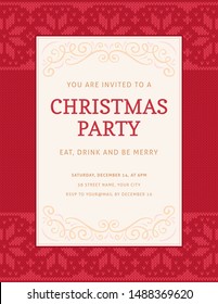 Elegant christmas party invitation template with a decorated white label on a red knitted christmas pattern. The fonts are called Copse and Aller.