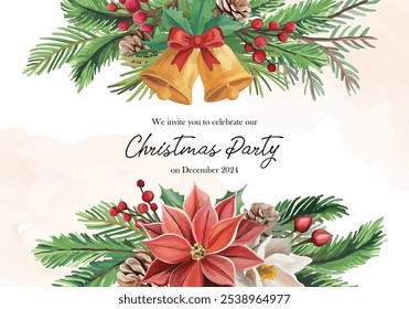 Elegant Christmas party invitation template adorned with winter flowers and festive Christmas tree branches, perfect for celebrating the holiday season with style!