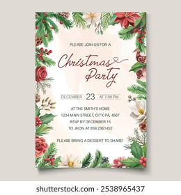 Elegant Christmas party invitation template featuring winter flowers and fir tree branches, perfect for celebrating the holiday season with style and warmth!