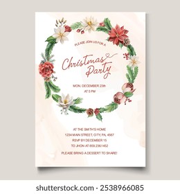 Elegant Christmas party invitation template featuring a stunning winter flowers wreath, perfect for inviting loved ones to celebrate the holiday season together!