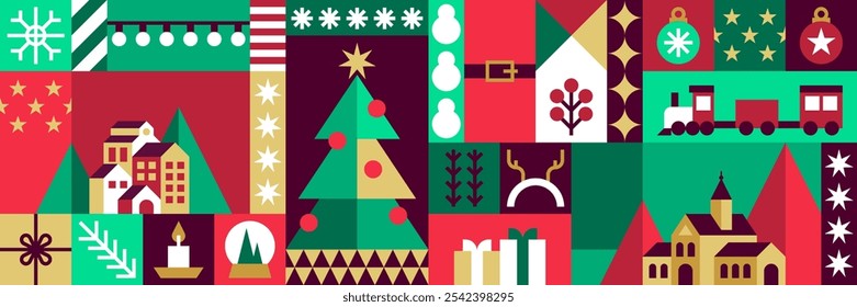 Elegant Christmas Patchwork Banner with Trees, Stars, Gifts, and Train in Traditional Holiday Colors