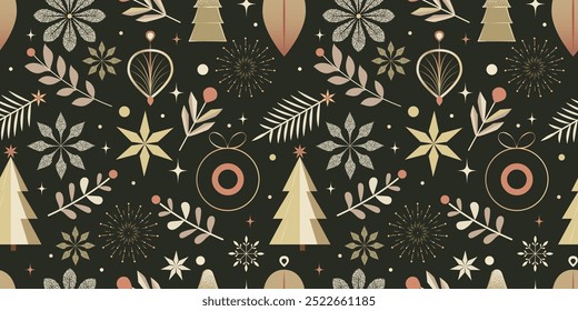 Elegante padrão de Natal - Design de vetor sem emenda de estilo plano com ornamentos festivos, estrelas e folhas em ouro e bege no fundo escuro. Perfeito para embrulho de presente de férias e decorações sazonais