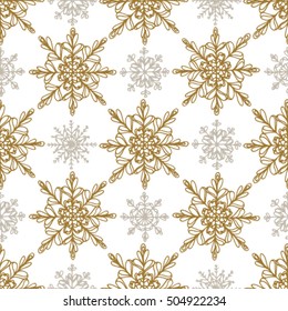 Elegant christmas pattern with gold and silver snowflakes on white background. Royal style festive illustration perfect for gift wrapping paper
