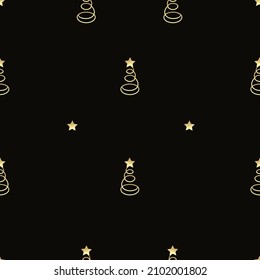Elegantes Weihnachtsmuster mit minimalen einfachen Formen, goldenen Bäumen und Sternen auf dunklem Hintergrund. Ideal zum Verpacken von Papier, Oberflächendesign oder Grußkarten.