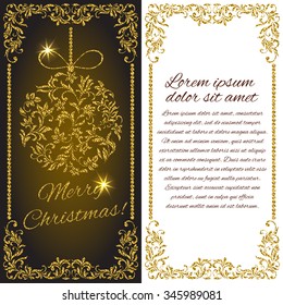 Elegant Christmas postcard: Ball with gold glitter from a floral ornament. There is a place for text