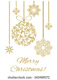 Elegant Christmas postcard: Christmas decoration with gold glitter on a white background