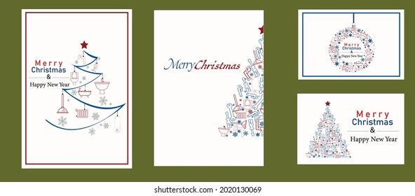 Elegant Christmas poster and greeting cards set with plumber tools on Christmas tree, ball, xmas elements and decorations.