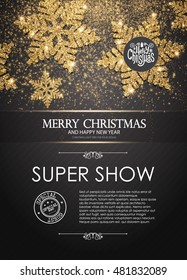 Elegant Christmas Poster Template with Shining Gold Snowflakes. Vector illustration