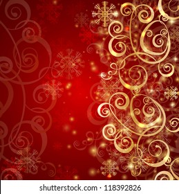 Elegant Christmas Red Background With Gold Snowflakes And Lights